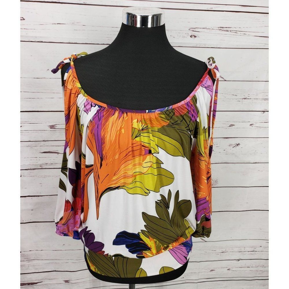Boutique Floral Cold‎ Shoulder Blouse Orange Purple Elastic Waist Medium
